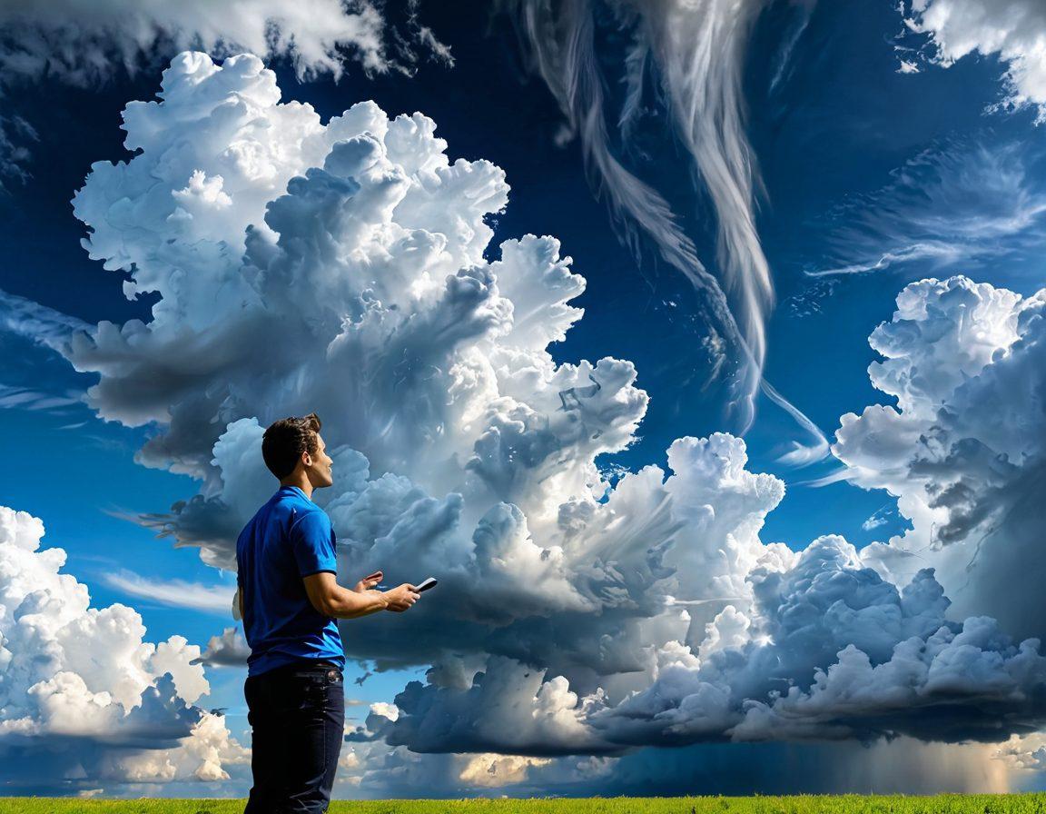 A breathtaking view of a vast sky filled with dynamic, swirling clouds showcasing different weather patterns like thunderstorms, clear sunny days, and light rain. Below, a person with a weather app on their phone, looking up in awe at the sky. The scene should convey a sense of wonder and exploration of weather phenomena. sky blue and white hues, with touches of stormy gray. super-realistic. vibrant colors.