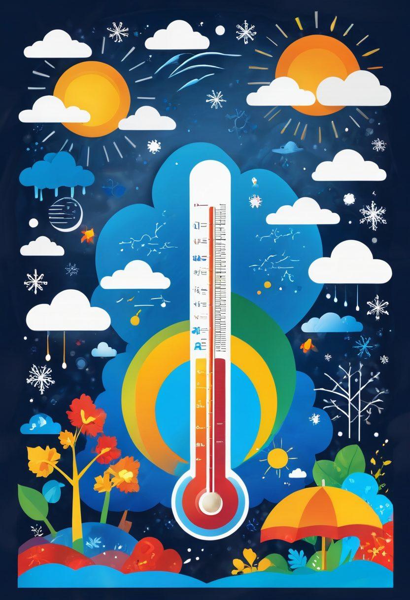 A whimsical, illustrated weather toolkit displaying various instruments like a barometer, thermometer, and hygrometer, set against a dynamic background of shifting weather conditions—sunshine, rain, snowflakes, and storm clouds. Include colorful charts and graphs showcasing weather patterns. The toolkit should look accessible and user-friendly, inviting readers to learn more about weather predictions. vibrant colors. vector art.