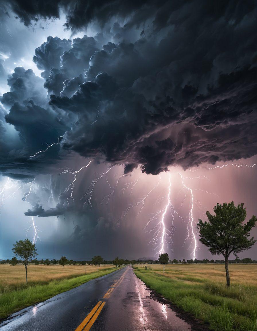 A dramatic sky filled with dark storm clouds brewing over a serene landscape, showcasing a split view of a calm before the storm on one side and intense lightning and rain on the other. Include a large, informative weather advisories display in the foreground, symbolizing communication and safety. Lightning bolts illuminating the scene and raindrops descending from the clouds, giving a sense of urgency. super-realistic. vibrant colors. 3D.